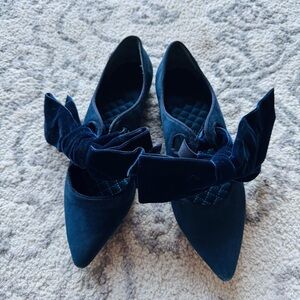 Blue Suede Ballet Flats with Bow Detail
